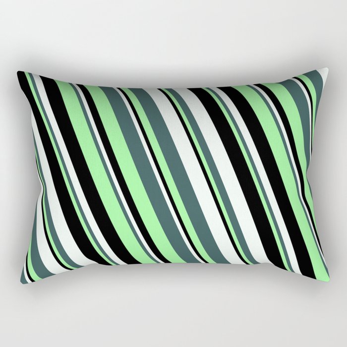 Dark Slate Gray, Green, Black & Mint Cream Colored Stripes/Lines Pattern Rectangular Pillow