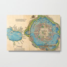 1524 Ancient Aztec City of Tenochtitlan Aerial Mexico Map Metal Print | Native, Mexico, Art, Temples, Tenochtitlan, Gulfofmexico, Painting, Latino, Pyramid, Mayan 