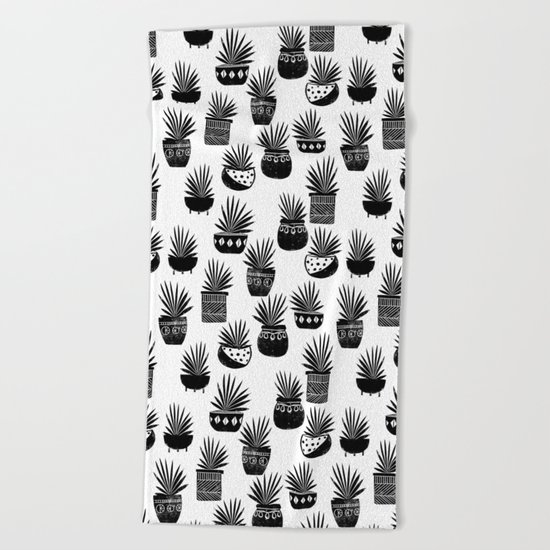 houseplant linocut aloe vera art botanical black and white lino printmaking art minimal modern Beach Towel