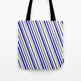 [ Thumbnail: Blue, Tan & Mint Cream Colored Lined Pattern Tote Bag ]