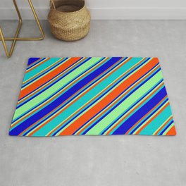 [ Thumbnail: Dark Turquoise, Blue, Green, and Red Colored Striped Pattern Rug ]
