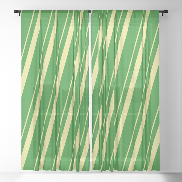 Tan & Forest Green Colored Pattern of Stripes Sheer Curtain