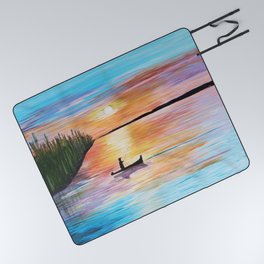 Acrylic Sunset on Lake with Fisherman Picnic Blanket
