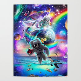 Space Cat Astronaut In Rainbow Galaxy Dolphin Rainbow Poster