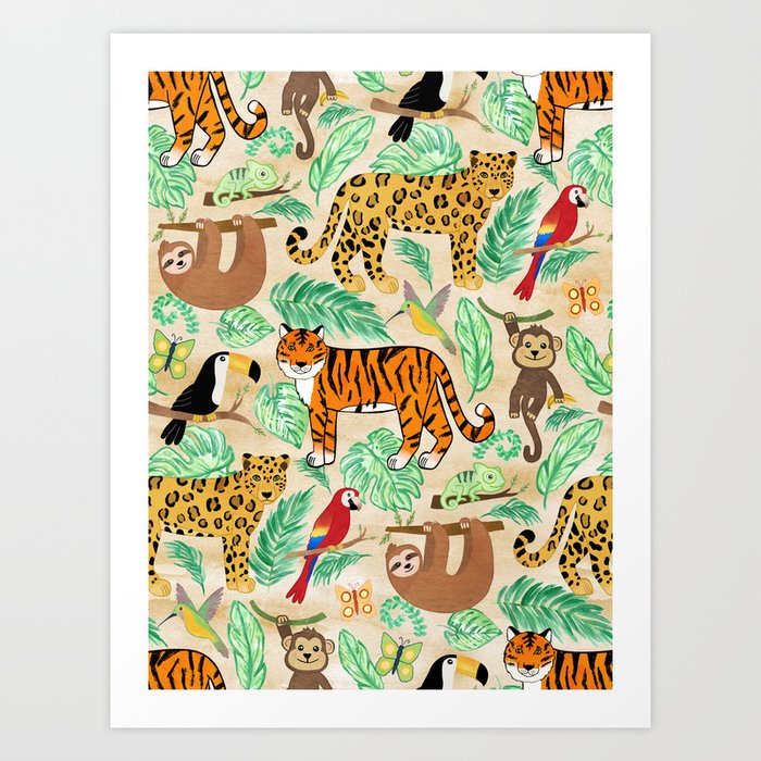 Wild And Wonderful Jungle Friends - Light Beige Background Art Print
