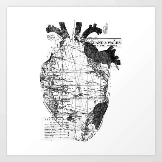 Heart Wanderlust Black and White Art Print