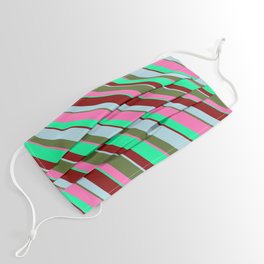 [ Thumbnail: Eyecatching Light Blue, Dark Olive Green, Hot Pink, Green, and Maroon Colored Striped/Lined Pattern Face Mask ]