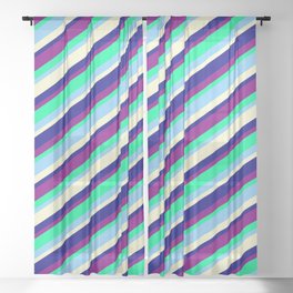 [ Thumbnail: Eyecatching Purple, Green, Light Sky Blue, Light Yellow, and Blue Colored Lines/Stripes Pattern Sheer Curtain ]
