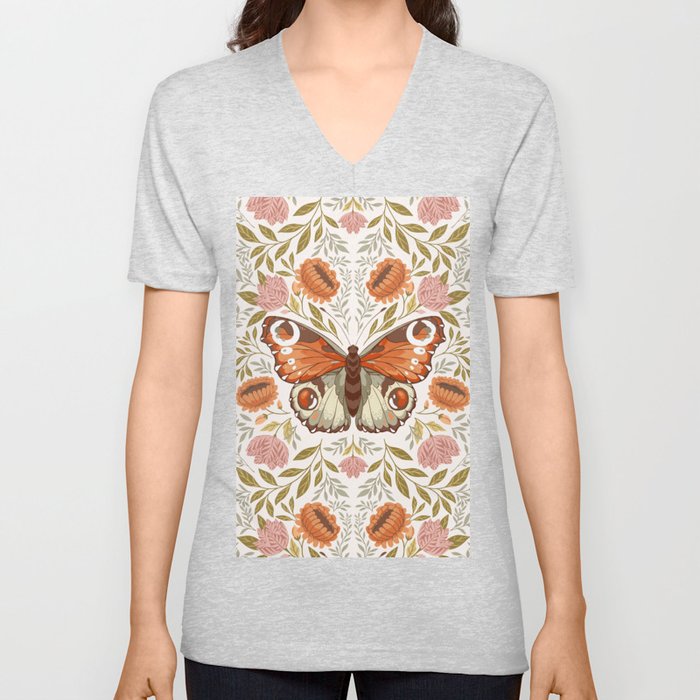William Morris Inspired Monarch Butterfly Pattern V Neck T Shirt
