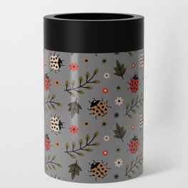 Ladybug and Floral Seamless Pattern on Grey Background Can Cooler