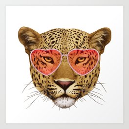 Leopard in Love! Portrait of Leopard with sunglasses. Art Print