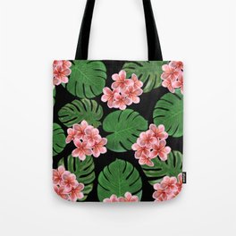 Tropical Floral Print Black Tote Bag