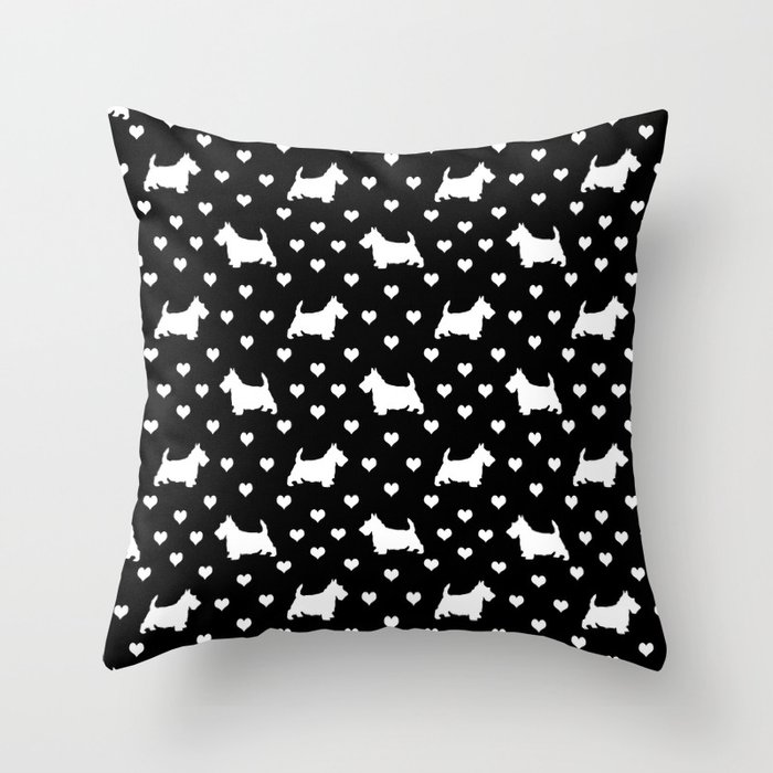 Cute White Scottish Terriers (Scottie Dogs) & Hearts on Black Background Throw Pillow