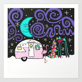 Christmas Snow Camper Poodle and Flamingo and Moon Art Print