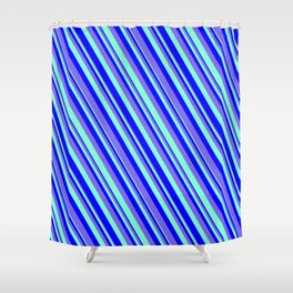 [ Thumbnail: Blue, Medium Slate Blue & Aquamarine Colored Pattern of Stripes Shower Curtain ]