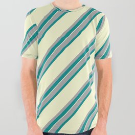[ Thumbnail: Dark Gray, Dark Cyan & Light Yellow Colored Lines Pattern All Over Graphic Tee ]