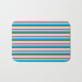[ Thumbnail: Deep Sky Blue, Dark Olive Green & Pink Colored Lined/Striped Pattern Bath Mat ]