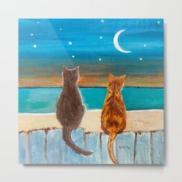 Cats on a Fence Metal Print | Paintedcats, Ocean, Animal, Seasidecats, Beachcats, Nightsky, Painting, Seascape, Cats, Landscape 