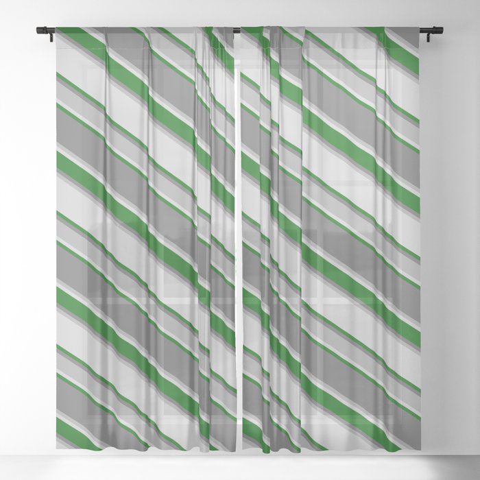 Dim Grey, Dark Grey, Light Gray, and Dark Green Colored Stripes/Lines Pattern Sheer Curtain