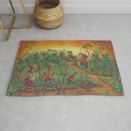 Village painting from Africa of Villagers Rug