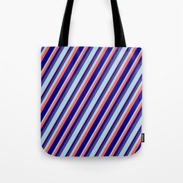 [ Thumbnail: Dark Slate Blue, Light Blue, Red, and Dark Blue Colored Lined Pattern Tote Bag ]