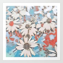 Abstract White Daisies Landscape on Sky Blue Art Print