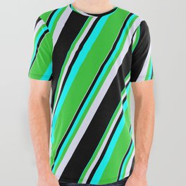 [ Thumbnail: Cyan, Lime Green, Lavender, and Black Colored Pattern of Stripes All Over Graphic Tee ]