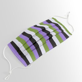 [ Thumbnail: Purple, Green, Lavender & Black Colored Lined/Striped Pattern Face Mask ]