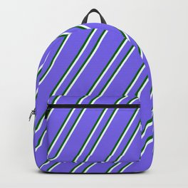[ Thumbnail: Medium Slate Blue, Dark Green & Mint Cream Colored Lines/Stripes Pattern Backpack ]