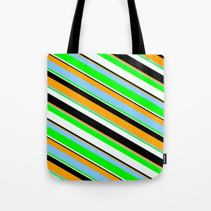 Orange, Light Sky Blue, Lime, Mint Cream & Black Colored Pattern of Stripes Tote Bag