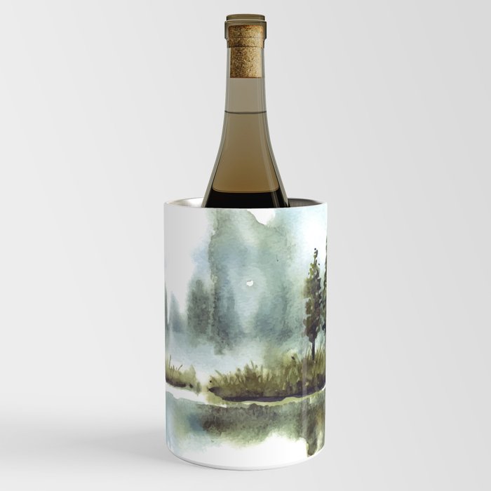 Aesthetic Reflection Of Pine Trees In Lake Watercolor Wine Chiller