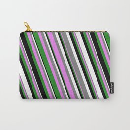 [ Thumbnail: Colorful Gray, Violet, Forest Green, Black & White Colored Striped Pattern Carry-All Pouch ]