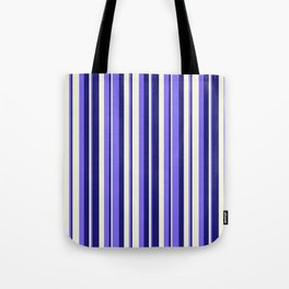 [ Thumbnail: Beige, Medium Slate Blue & Midnight Blue Colored Lined Pattern Tote Bag ]