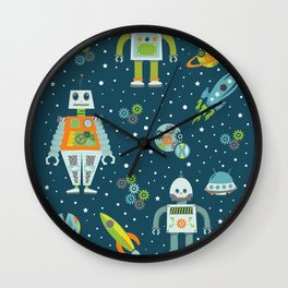 Robots in Space - Blue + Green Wall Clock