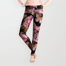 Pink and Gold Floral and Butterflies Leggings