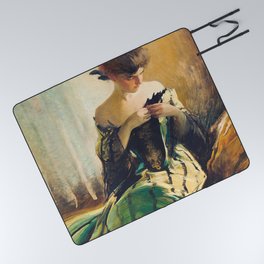 Study of a Young Woman in Black and Green portrait painting by John White Alexander Picnic Blanket
