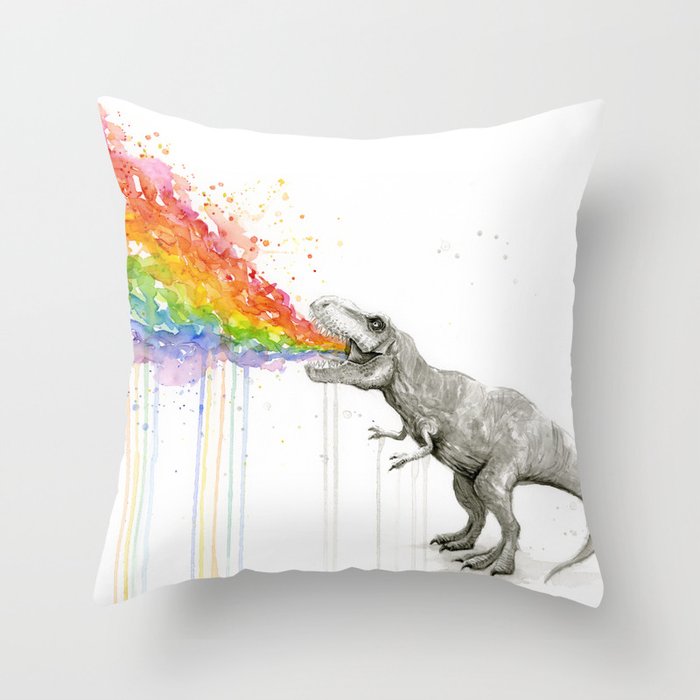 T-Rex Dinosaur Rainbow Puke Taste the Rainbow Watercolor Throw Pillow