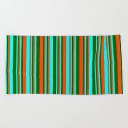 [ Thumbnail: Red, Cyan, and Dark Green Colored Lined/Striped Pattern Beach Towel ]