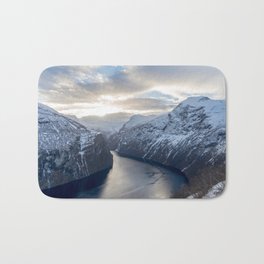 Famous Geirangerfjord in Norway Bath Mat | Landscape, Clouds, Geiranger, Nature, Sunset, Sea, Adventure, Mountains, White, Winter 