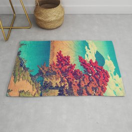 The New Year in Hisseii - Autumn Tree & Mountain by the Ocean Ukiyoe Nature Landscape in Red & Blue Rug | Cloud, Graphicdesign, Curated, Oil, Japanese, Trees, Vintage, Ocean, Mountain, Drawing 