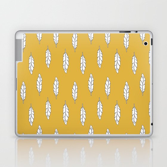 White feathers on a mustard background. Laptop & iPad Skin
