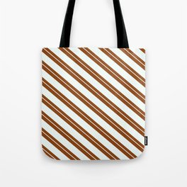 [ Thumbnail: Brown and Mint Cream Colored Lines Pattern Tote Bag ]