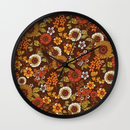 70s retro ditzy flowers, boho, browns, orange, hippie Wall Clock