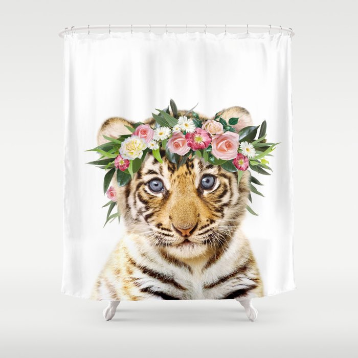 Baby Tiger with Flower Crown, Kids Art, Baby Animals Art Print by Synplus Shower Curtain