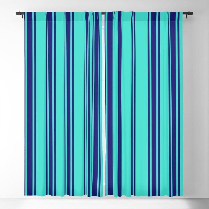 Turquoise & Midnight Blue Colored Pattern of Stripes Blackout Curtain