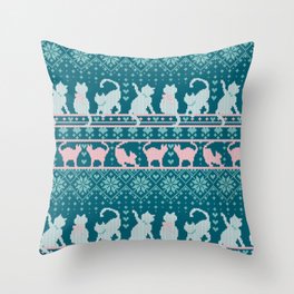 Fair Isle Knitting Cats Love // teal white and pink kitties Throw Pillow