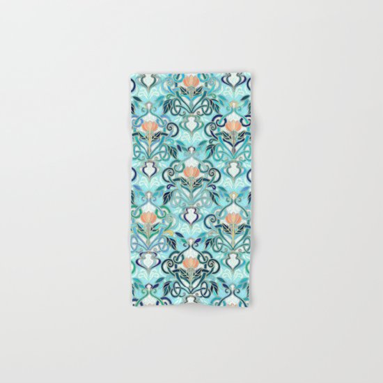 Ocean Aqua Art Nouveau Pattern with Peach Flowers Hand & Bath Towel