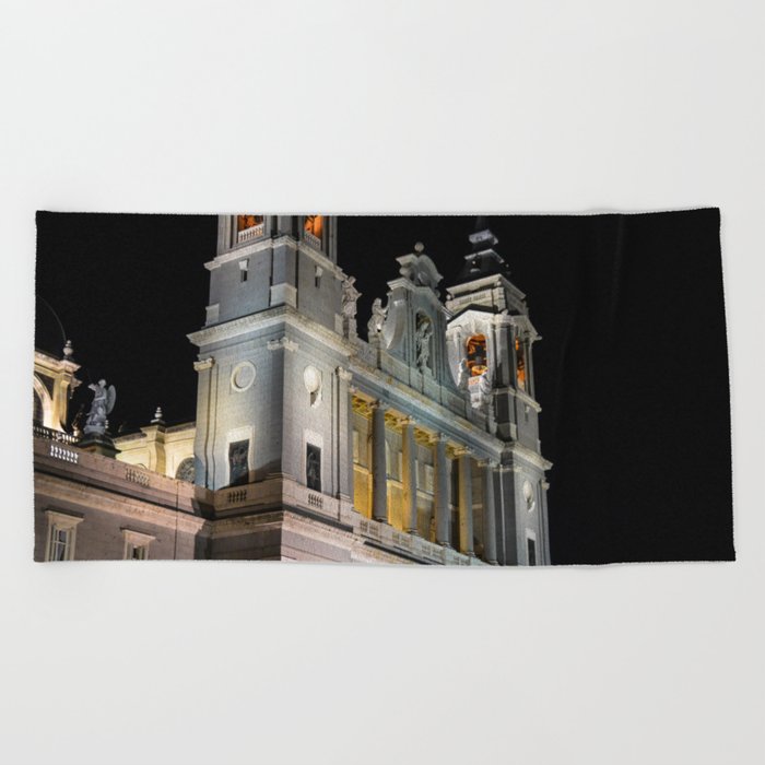 Spain Photography - Catedral De La Almudena Under The Night Sky Beach Towel