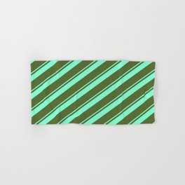 [ Thumbnail: Dark Olive Green and Aquamarine Colored Lined Pattern Hand & Bath Towel ]