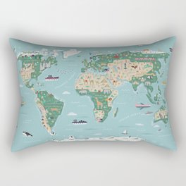 Illustrated World Map with animals, continents and architecture Rectangular Pillow